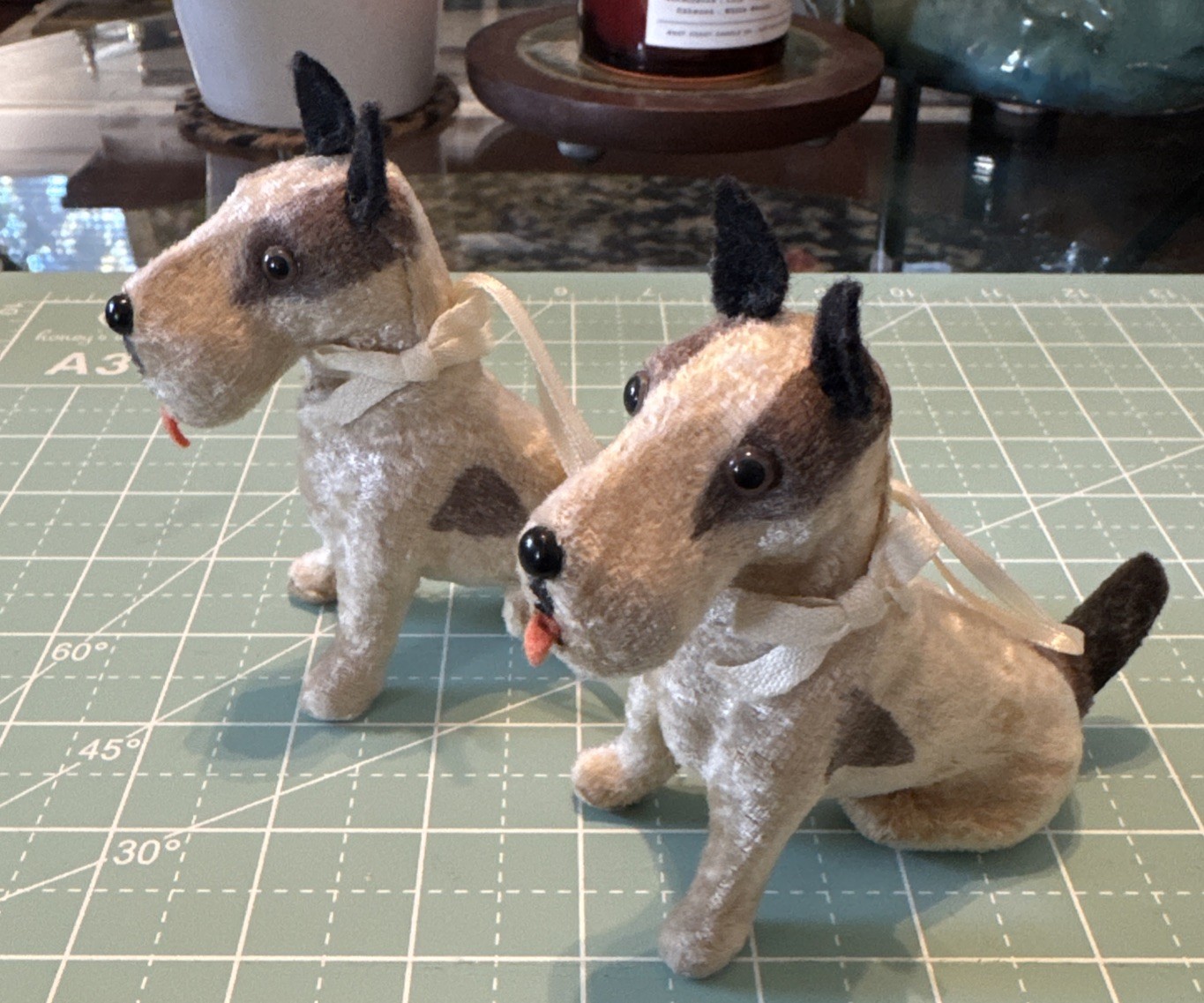 Vintage Pair Of Fripon Fox Terrier Mohair Dogs Original Ribbons Jumeau Bleuette