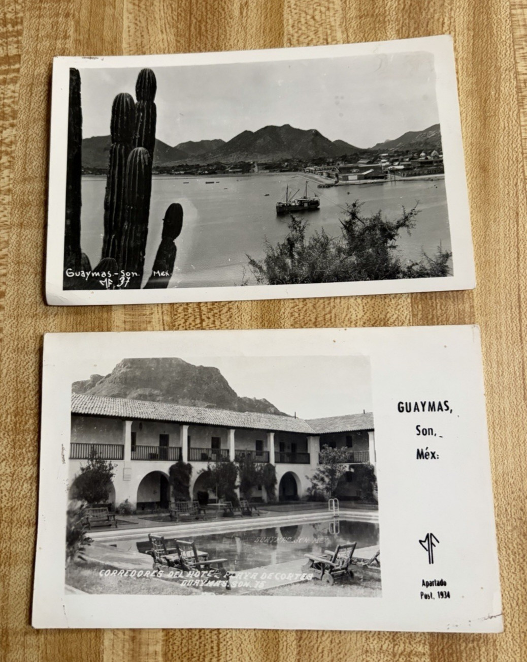 1930's RPPC 2 Postcard Cactus Fishing Boat Bay & Playa de Cortes Guaymas Son MX