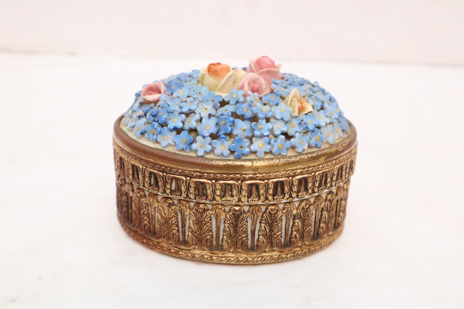 Antique German Porcelain Elfinware Powder Jewelry Box Forget Me Not Gilt Ormolu