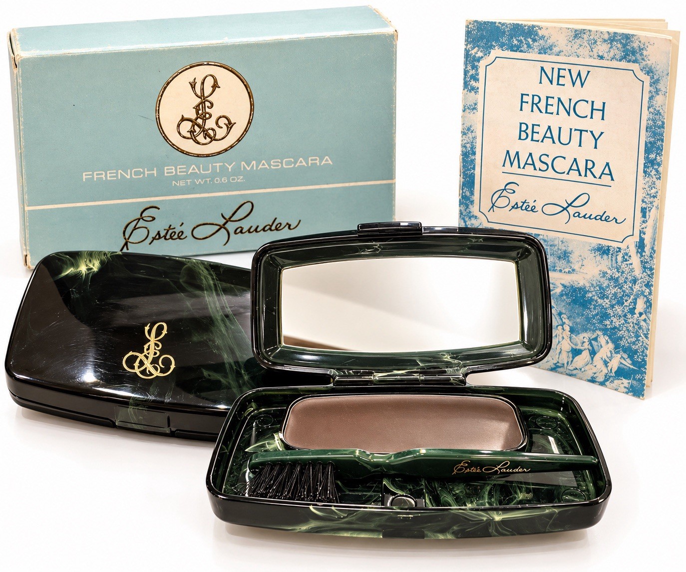 Vintage Estee Lauder French Beauty Cake Mascara Tortoise Brown Compact Box