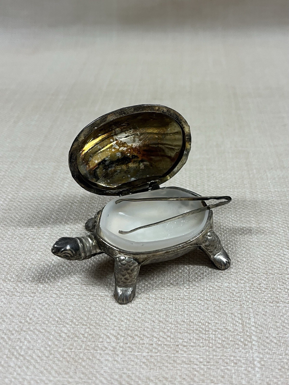 Vintage Silver Plated Turtle Pill Box Salt Cellar Novelty Tortoise Tongs Liner