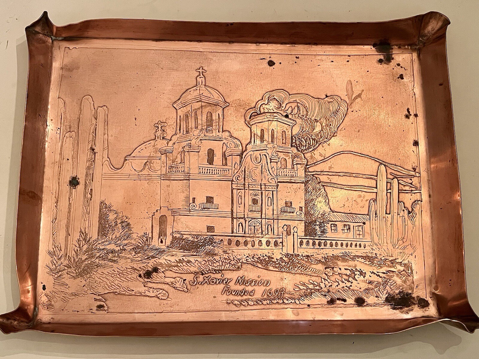 Early 1900s Antique Mission San Xavier 1693 - Tucson, AZ Acid-Etched COPPER Tray Early 1900s Antique Mission San Xavier 1693 - Tucson, AZ Acid-Etched COPPER Tray