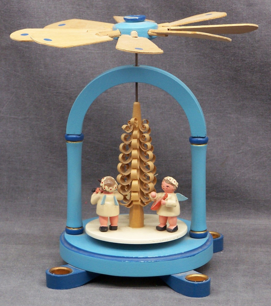 Vintage German Erzgebirge Christmas Angel Pyramid Candle Carousel Blue 1960's