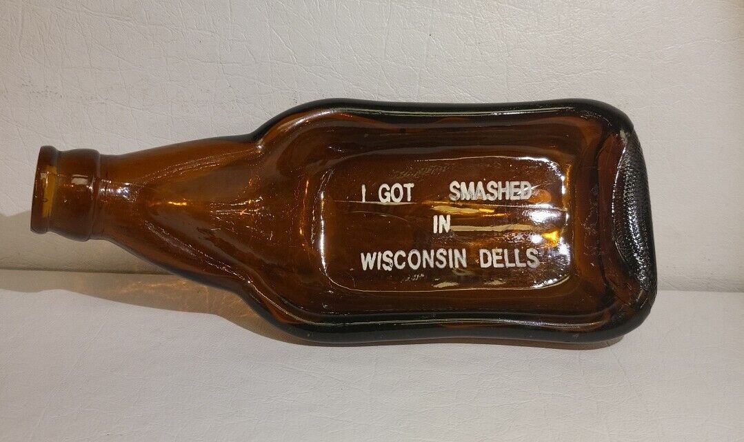 Wisconsin Dells Glass Bottle Ashtray Brown Trinket Dish Souvenir Vintage Smashed