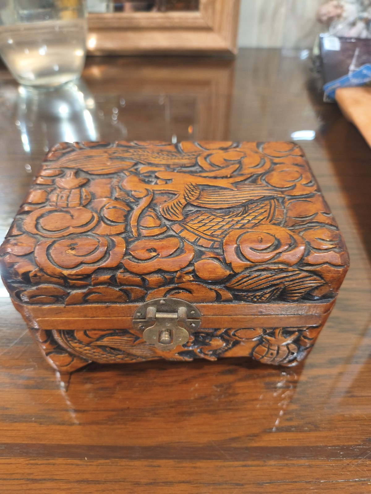 Antique Hand Carved Wood Trinket Box Jewelry Casket Folk Art Ornate 6.5”x5.5 Antique Hand Carved Wood Trinket Box Jewelry Casket Folk Art Ornate 6.5”x5.5