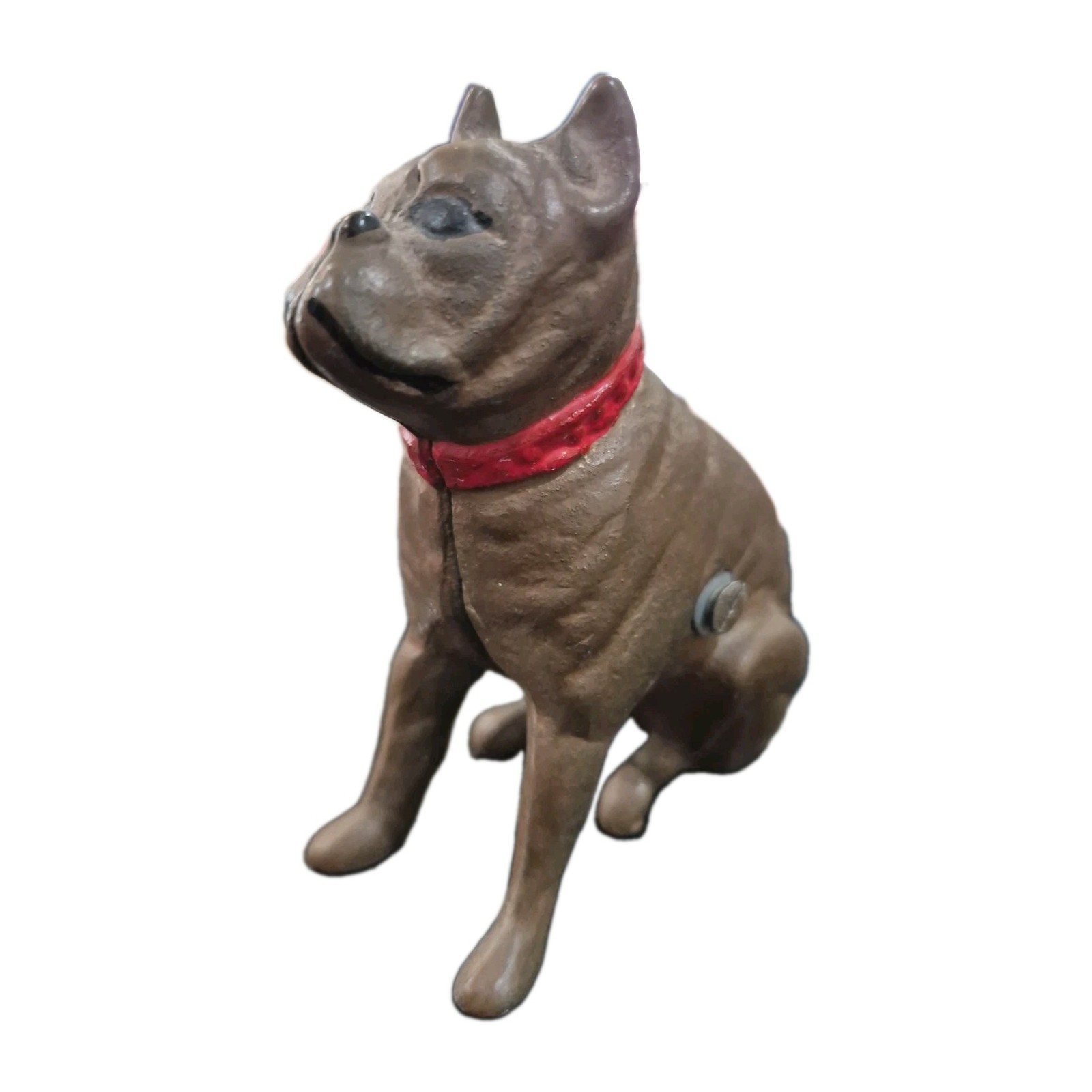 Antique Cast Iron Sitting Pug Boxer Dog Bank Hubley? Painted brown w/red collar Antique Cast Iron Sitting Pug Boxer Dog Bank Hubley? Painted brown w/red collar
