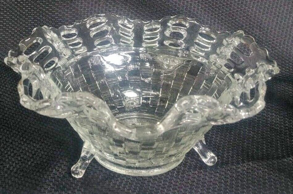 Vintage Ruffle Lace Open Edge Basket Weave Carnival Glass Candy Dish 3-Footed 7\