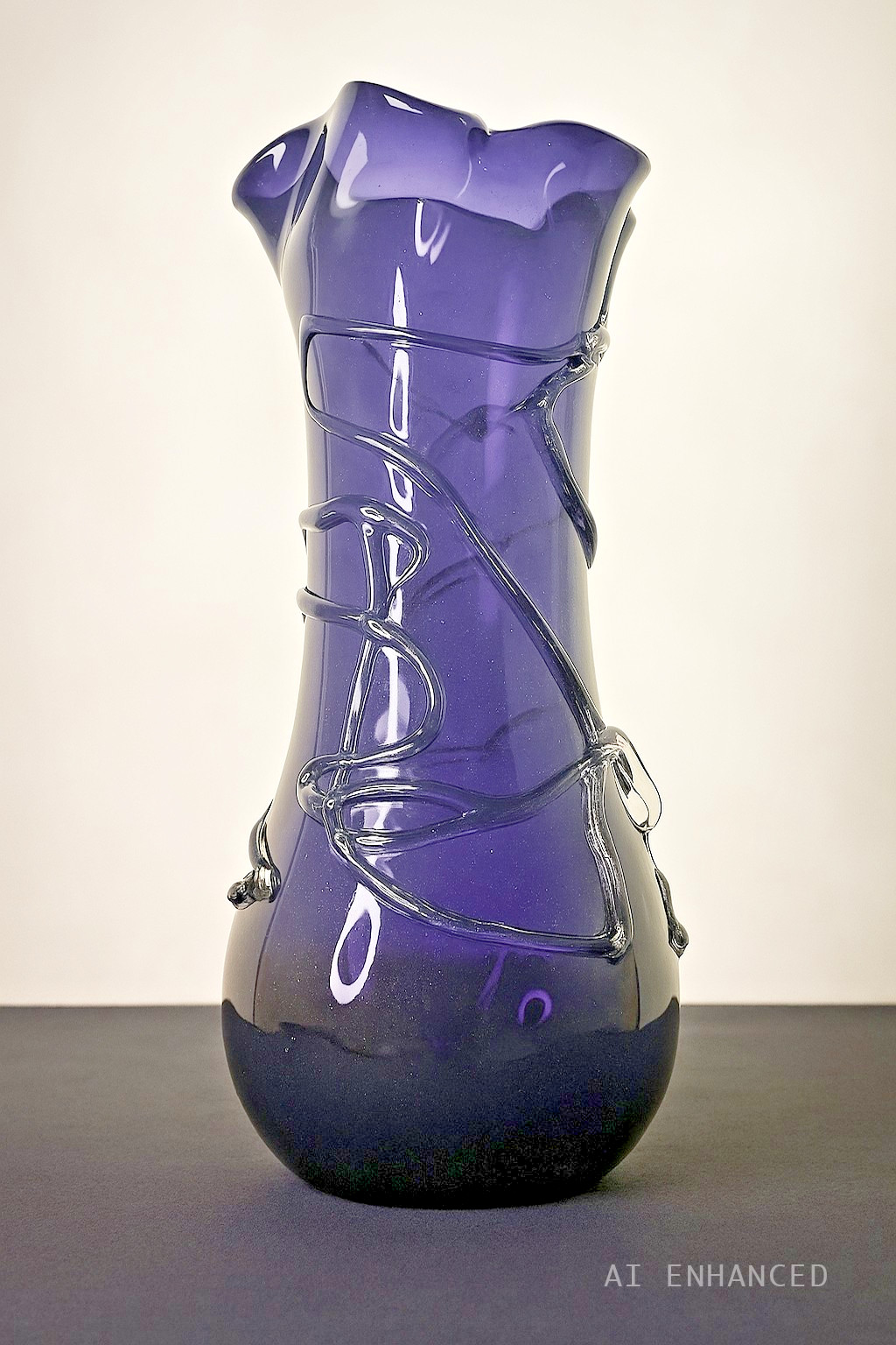 Amethyst Purple Art Glass Vase with Clear Applied Veins – 15” Tall Handblown USA