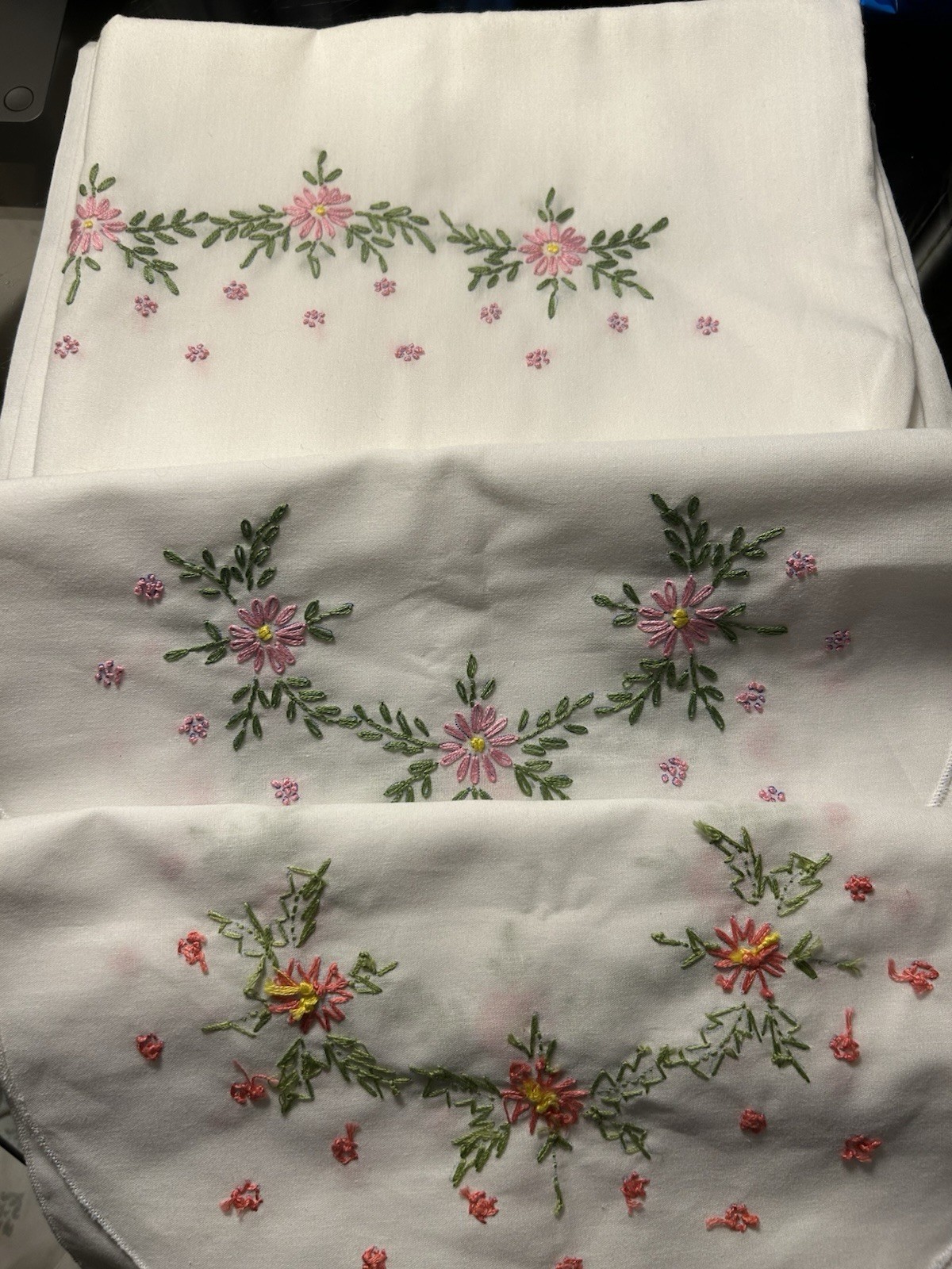 Vintage Hand-Embroidered Linens Set: 2-Dresser Scarves & 2 Matching Pillowcases Vintage Hand-Embroidered Linens Set: 2-Dresser Scarves & 2 Matching Pillowcases