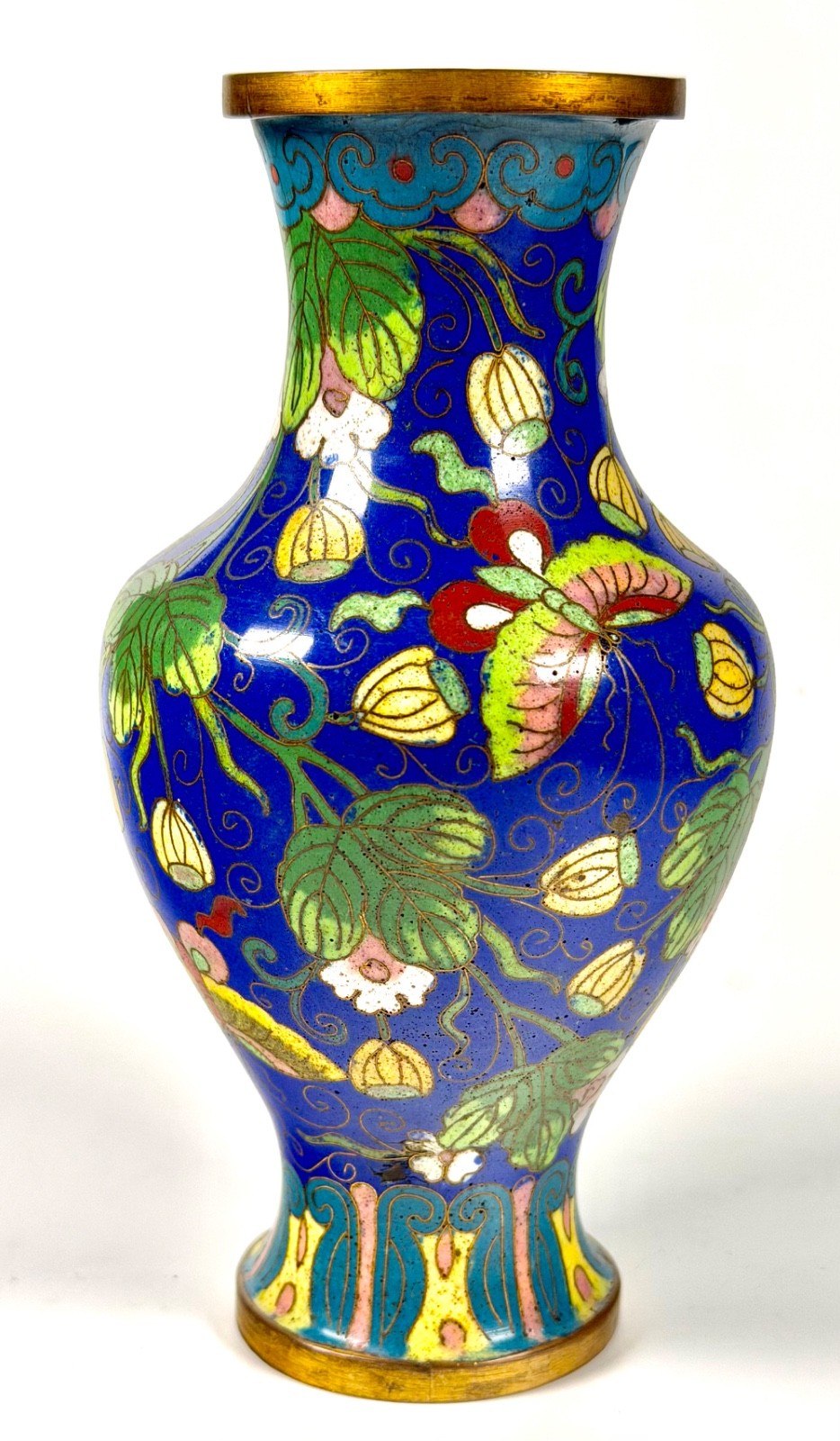Vintage Chinese Cloisonne Enamel Vase-Cobalt Blue Butterfly Floral-Late 1800\'s