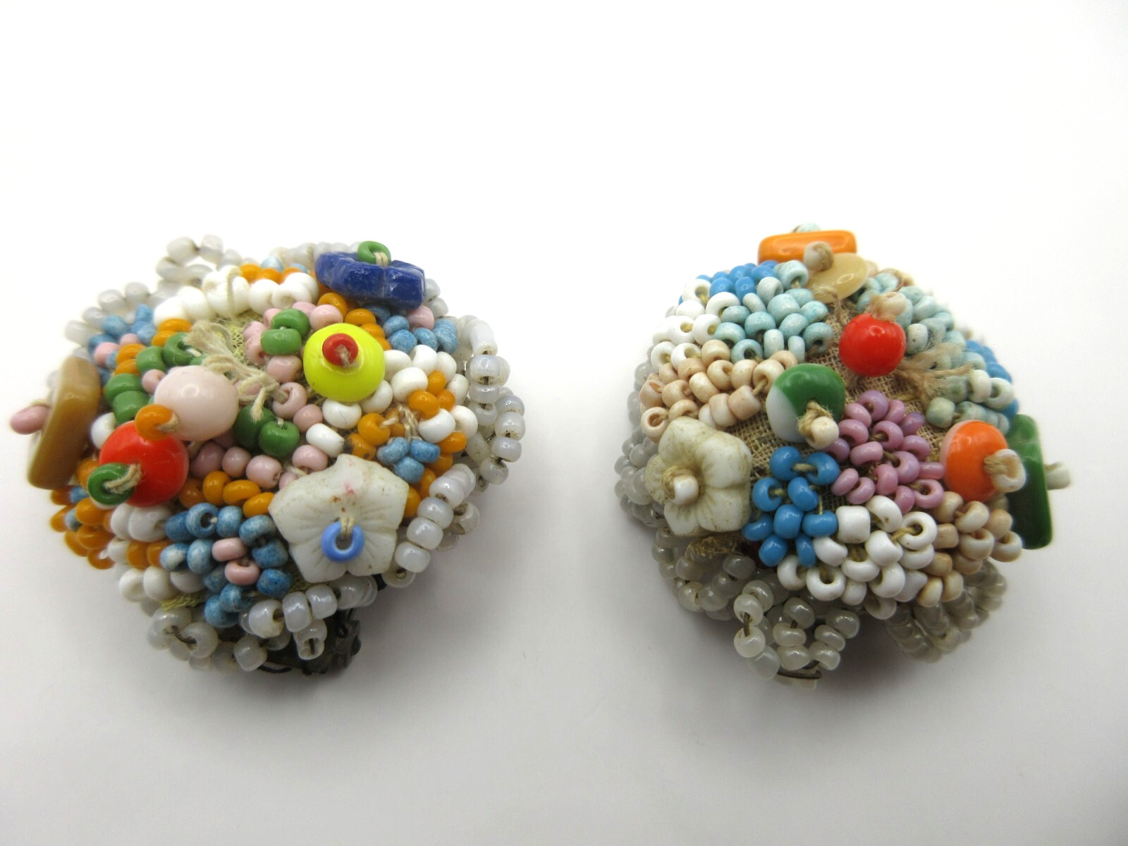 1900-1920s Antique Native American Seed Beaded Earrings Clip Multicolor READ