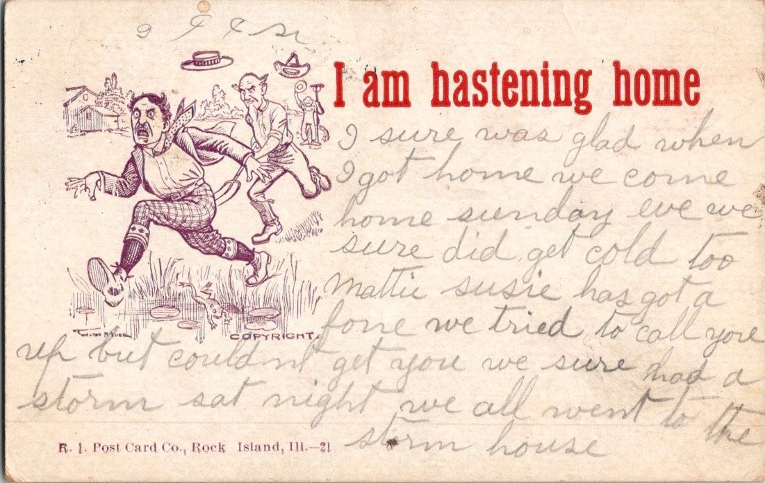 Vintage 1908 Comic Postcard I Am Hastening Home R.I. Post Card Co. Vintage 1908 Comic Postcard I Am Hastening Home R.I. Post Card Co.