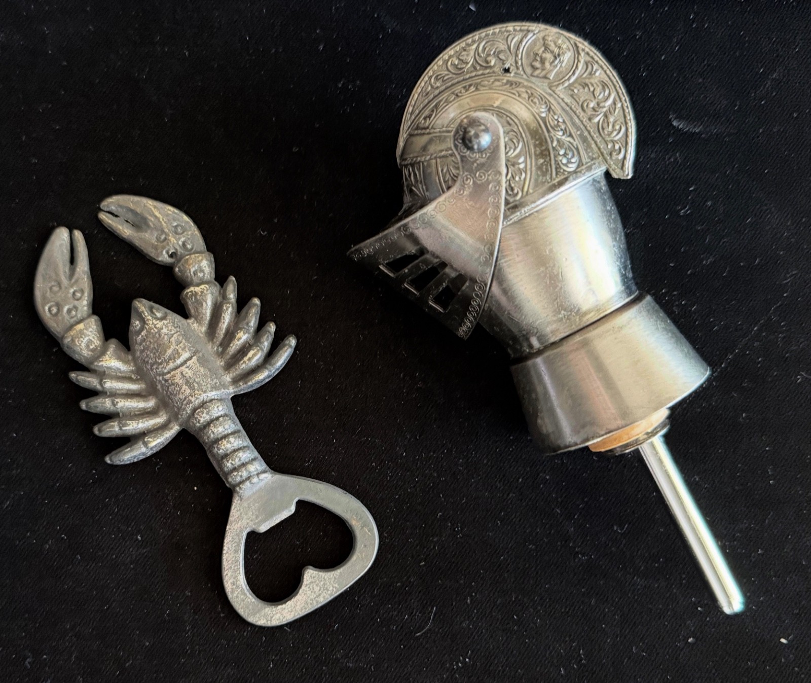 Vintage Barware, Lobster Bottle Cap Opener (Italy), & Armored Helmet Pour Spout