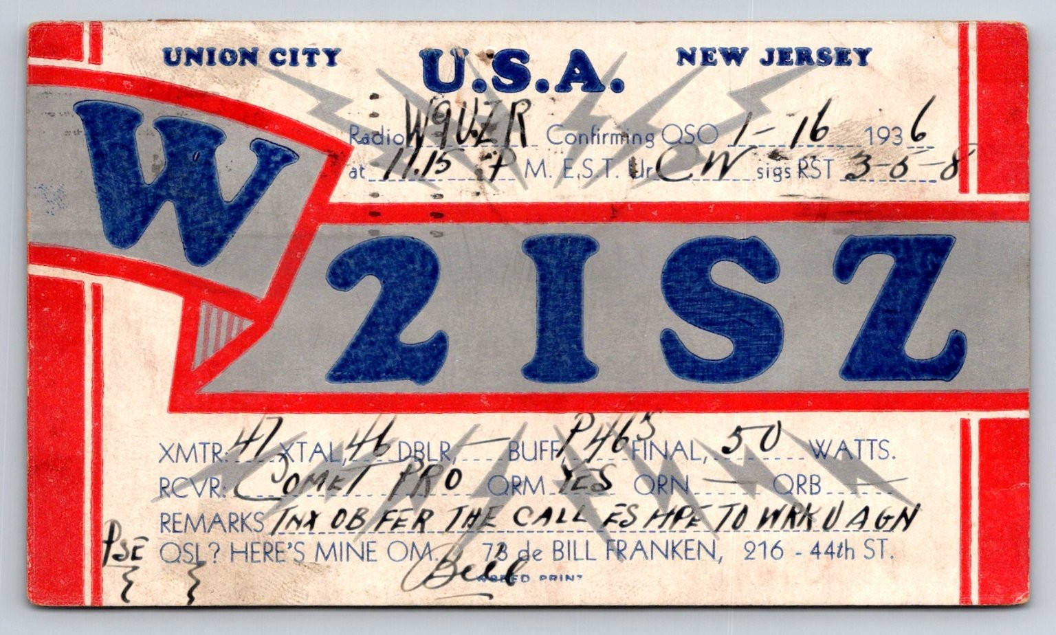 1936 Union City NJ W2ISZ Amateur Ham Radio QSL Postcard Weehawken W2UER