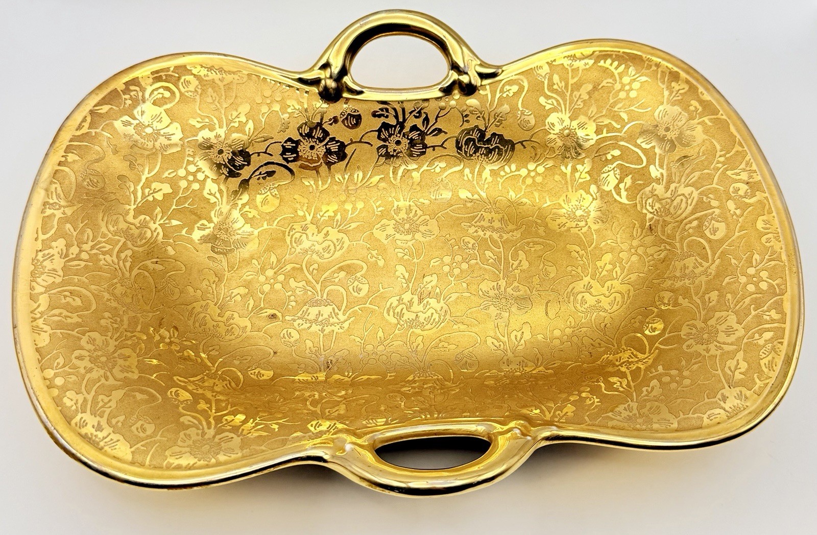 Vintage Stouffer China Gold Tray Floral Design Handled Dish Basket Tray 10.5” Vintage Stouffer China Gold Tray Floral Design Handled Dish Basket Tray 10.5”
