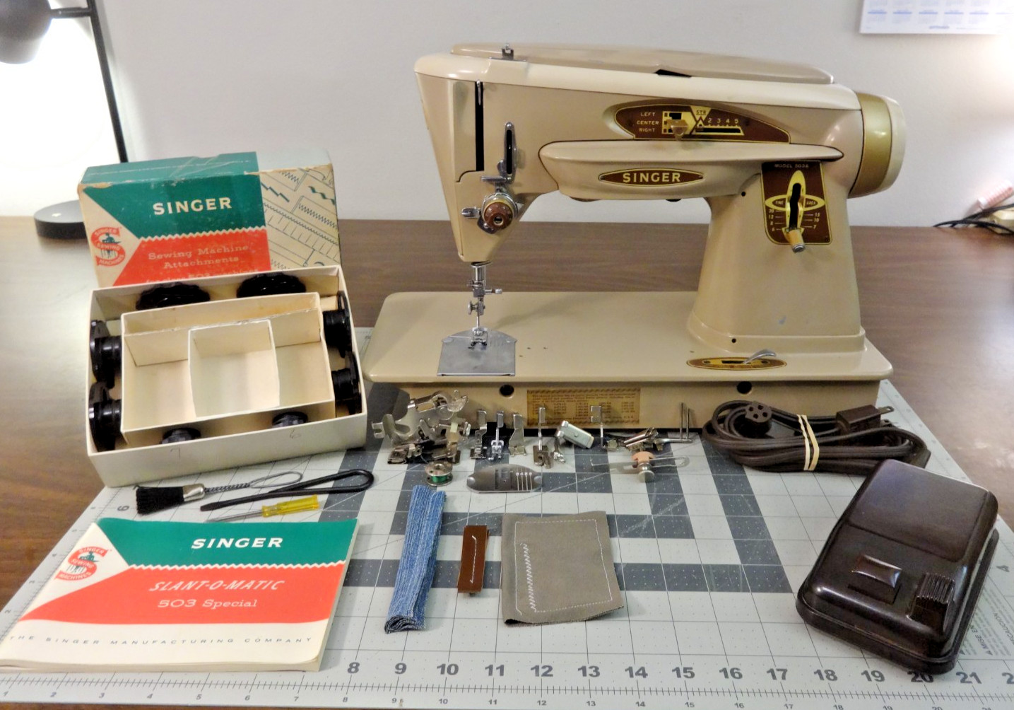 SERVICED - SINGER 503A Gear Drive Sewing Machine w/Extras - Denim Leather Canvas