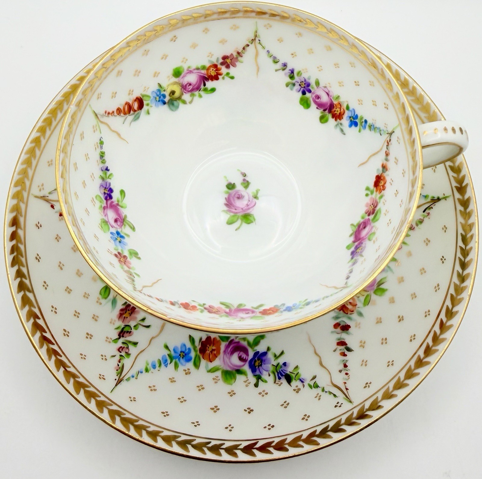 Antique Klemm Dresden Hand Painted Floral Rose Swag Garlands Cup & Saucer Teacup Antique Klemm Dresden Hand Painted Floral Rose Swag Garlands Cup & Saucer Teacup