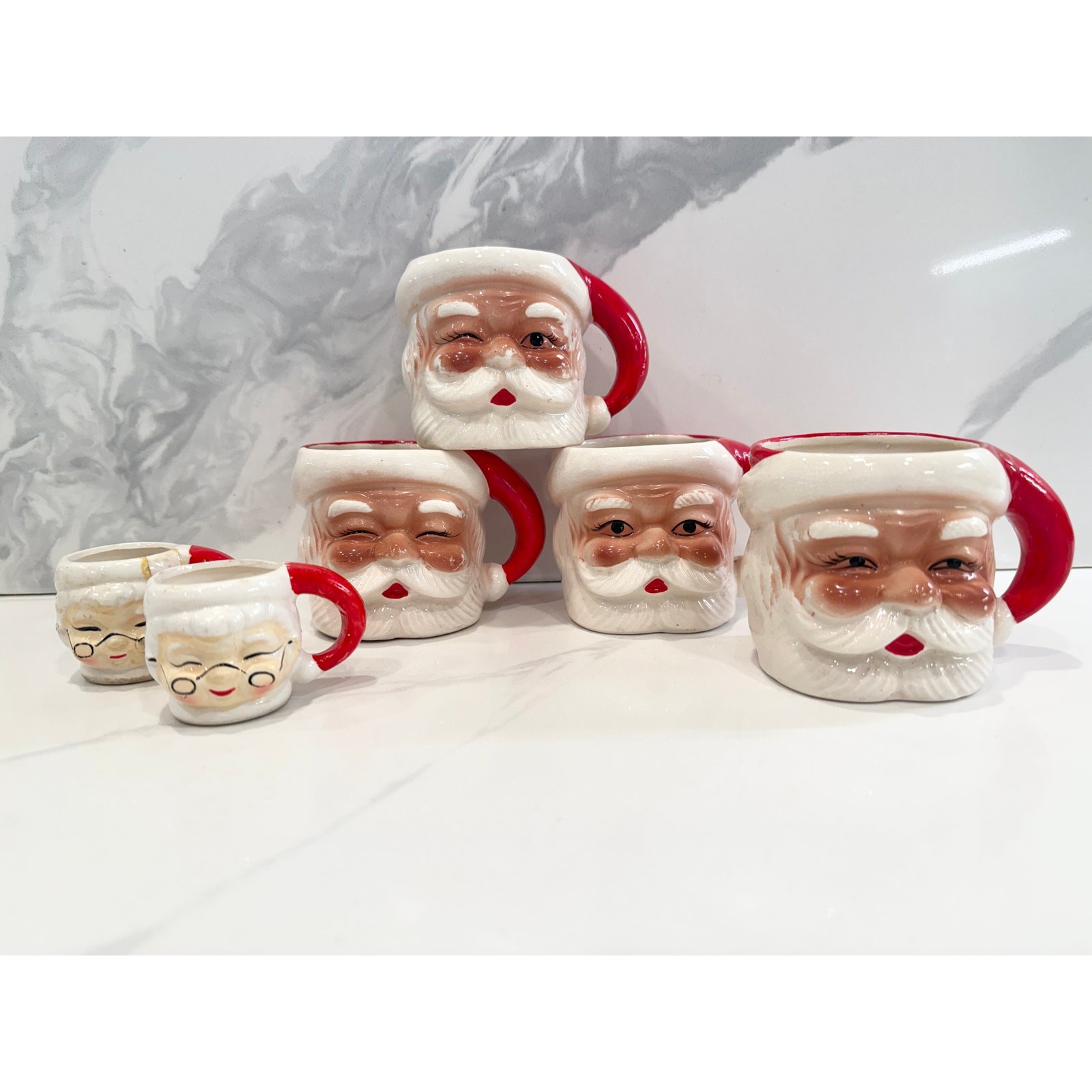 Vintage Japan Santa Mrs Claus Face Mugs Set 6 Christmas Ceramic 4 Large 2 Mini