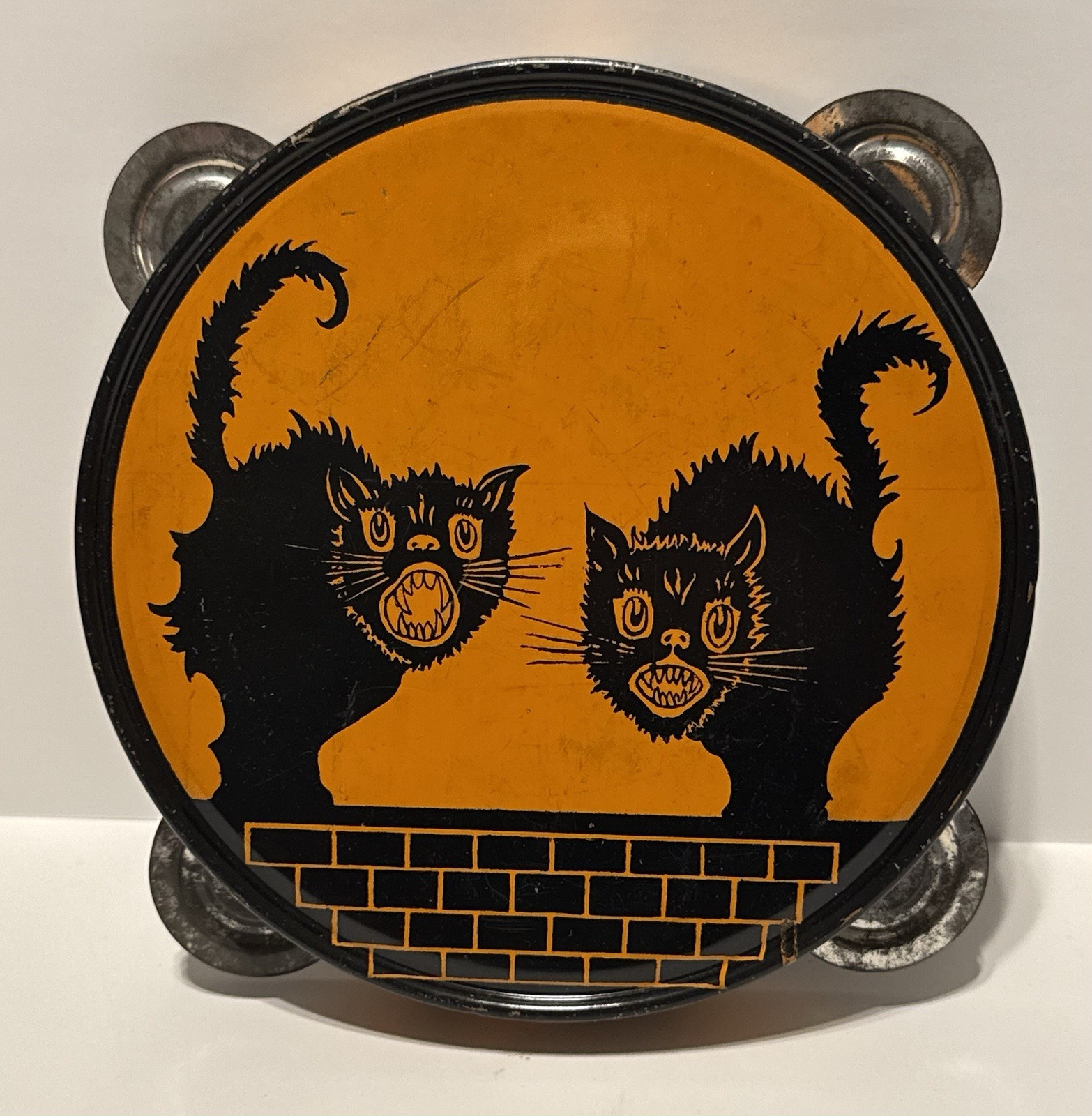 Vintage Halloween Tin Litho Tambourine Noisemaker J Chein Two Hissing Black Cats Vintage Halloween Tin Litho Tambourine Noisemaker J Chein Two Hissing Black Cats