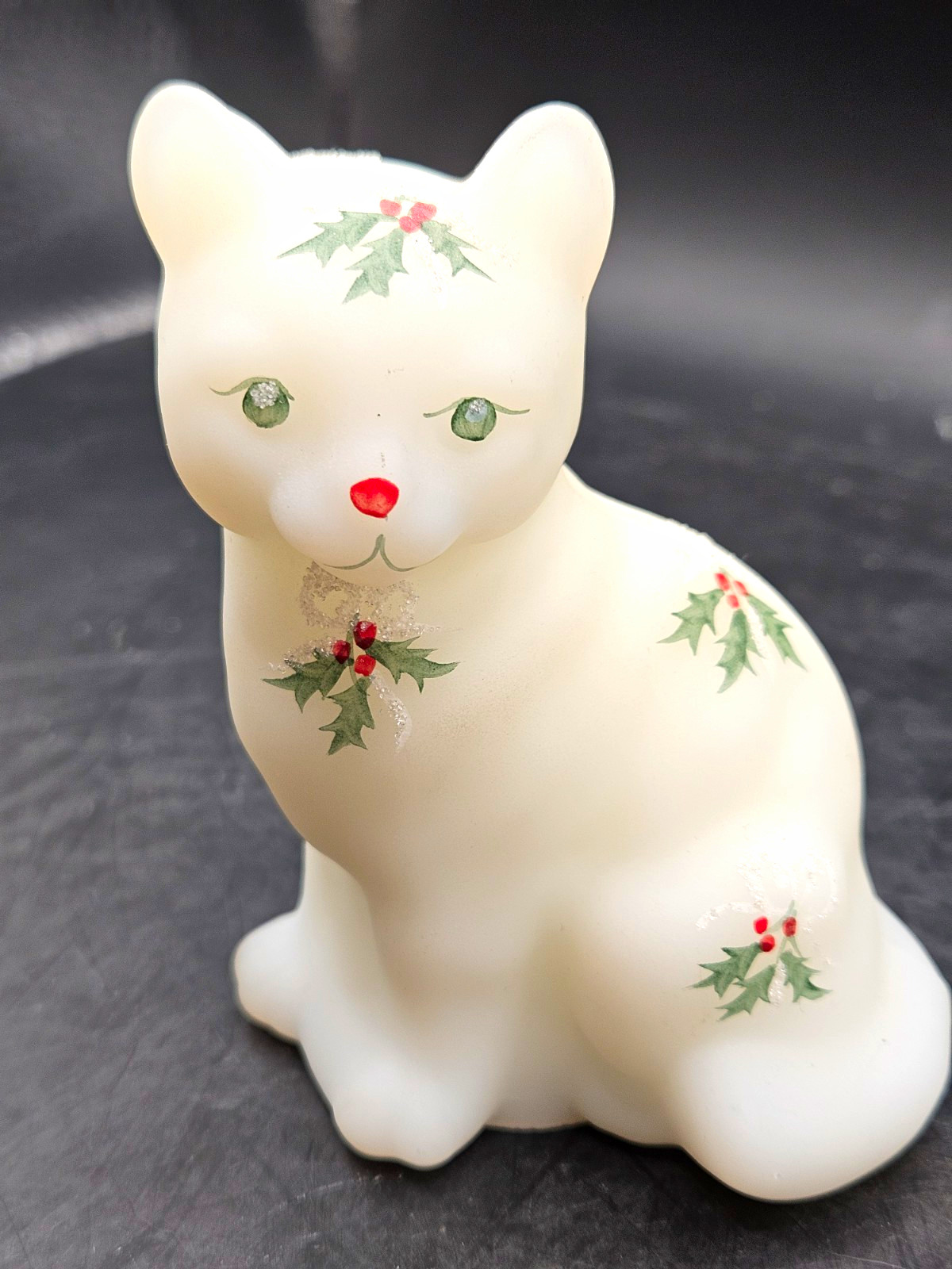 FENTON VINTAGE WHITE SATIN HAND-PAINTED, SIGNED CAT FIGURINE.