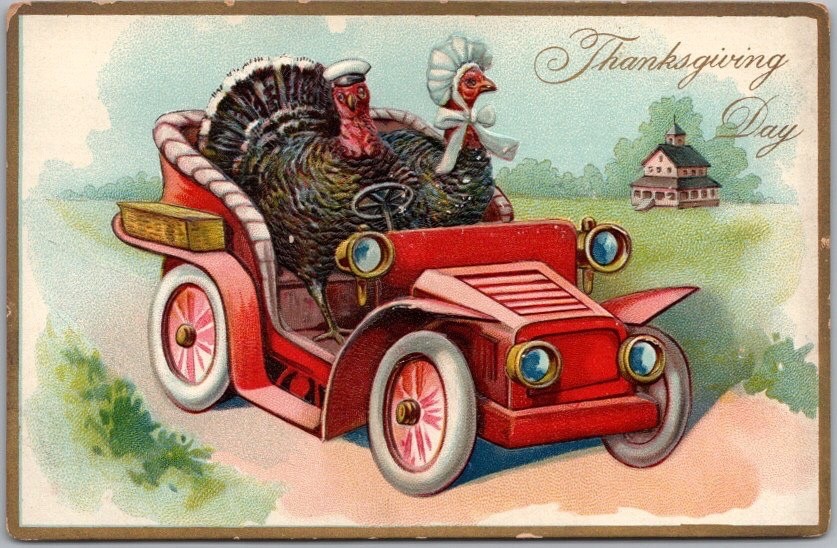 c1910s Tuck's THANKSGIVING Postcard Anthropomorphic Turkeys in Red Car / Unused