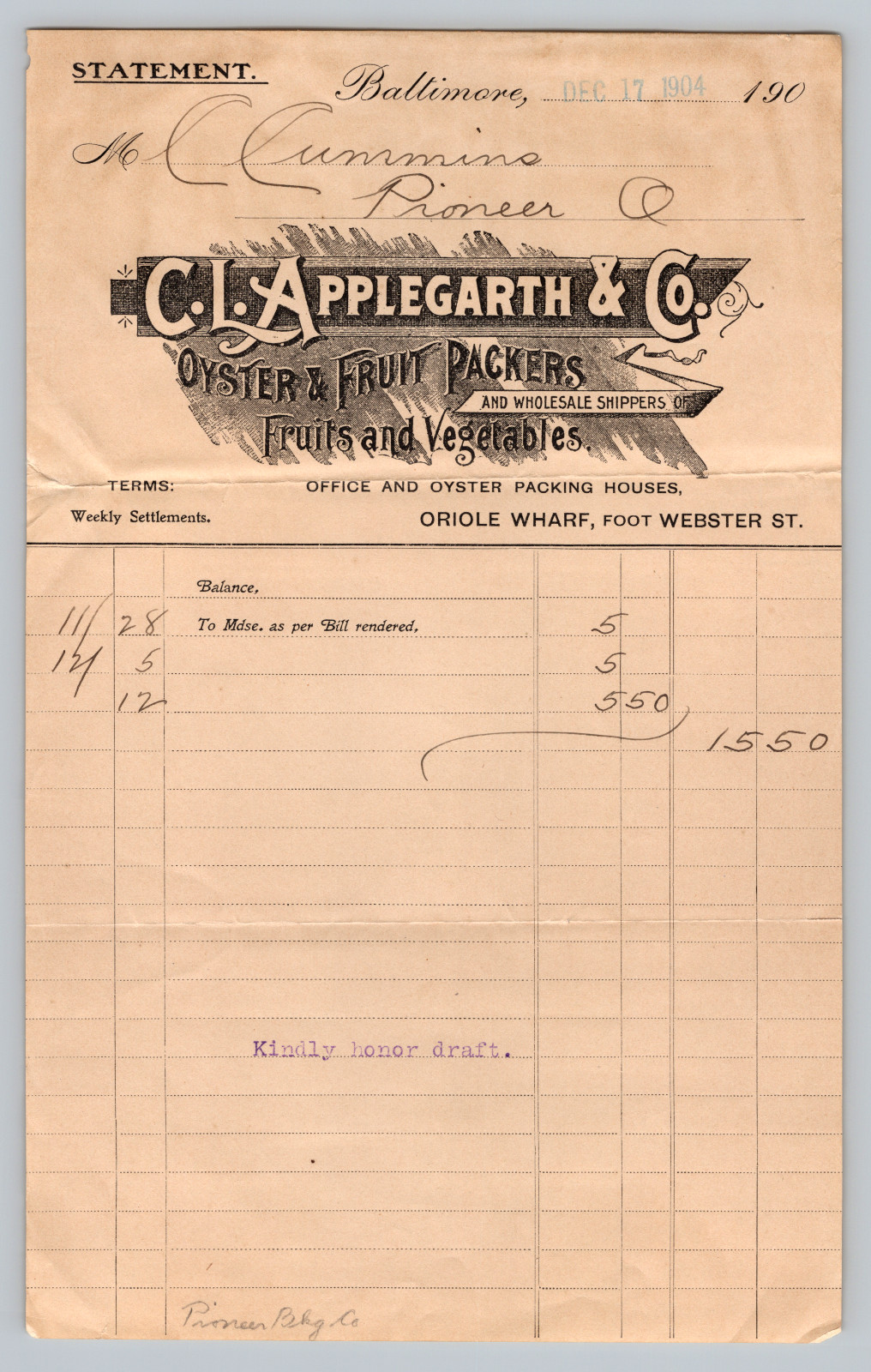 Antique Billhead C. L. APPLEGARTH & CO Oyster & Fruit Baltimore MD - 1904