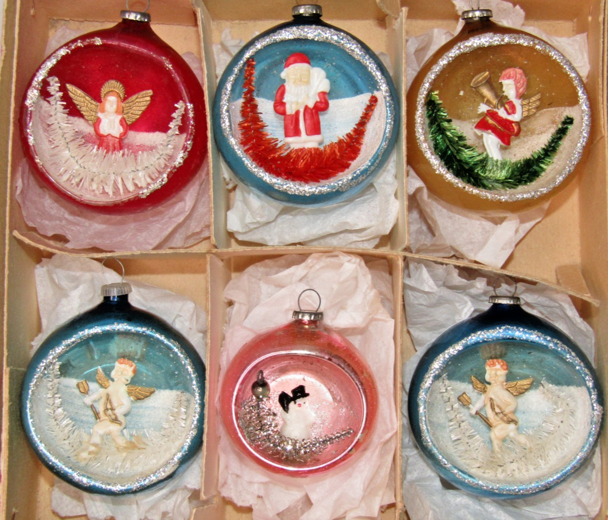 Lot VTG Glass Diorama SANTA ANGEL SNOWMAN Indent BALL Christmas Ornaments Japan