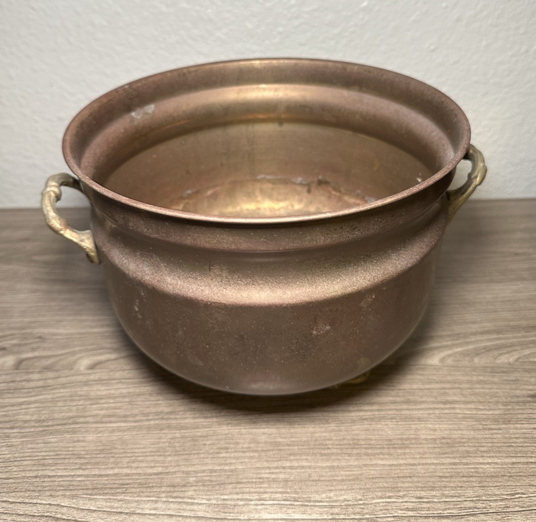 Vintage Footed Copper Planter Bowl Brass Handles Feet 8.5
