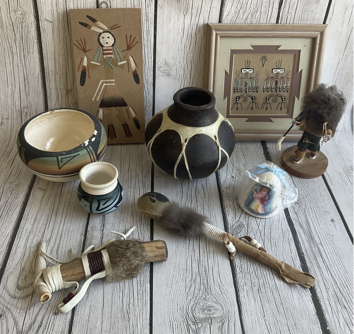 Lot of Vintage Native American decor Signed Katchina & Navajo Pottery