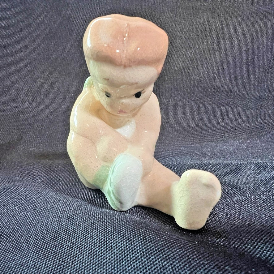 Vintage 1940s Ceramic Figurine Girl Tying Shoe Pastel Green Glaze Nursery Japan Vintage 1940s Ceramic Figurine Girl Tying Shoe Pastel Green Glaze Nursery Japan