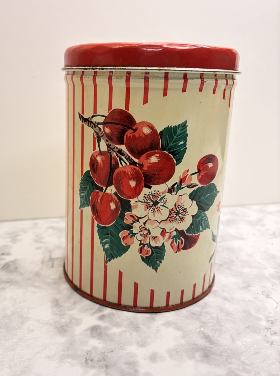 Vintage 1950s Cherry & Stripe Tin Canister Retro Kitchen Kitsch