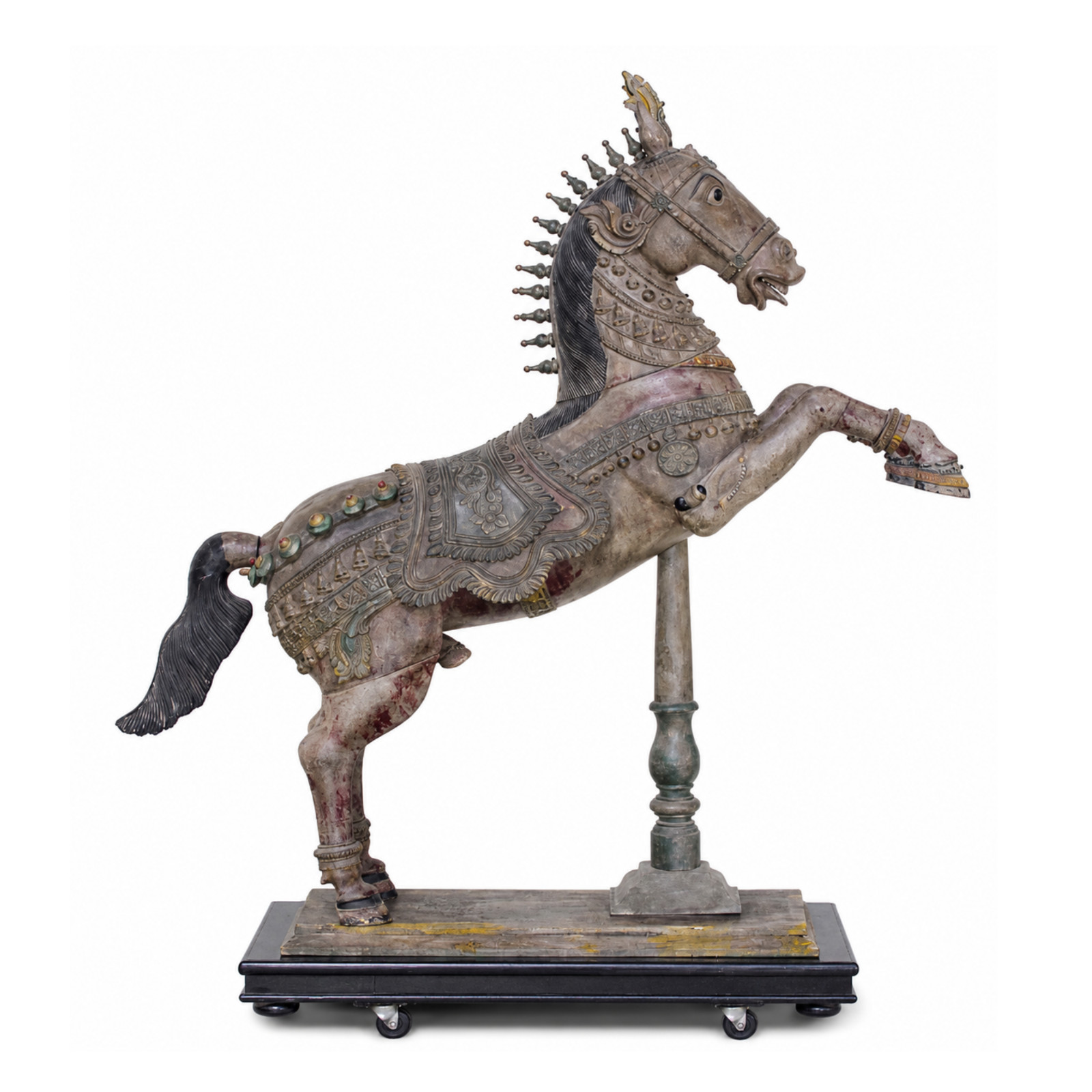 Antique Carved Indian Vahana Horse Sculpture, Polychrome, Rearing, 60\ Antique Carved Indian Vahana Horse Sculpture, Polychrome, Rearing, 60\