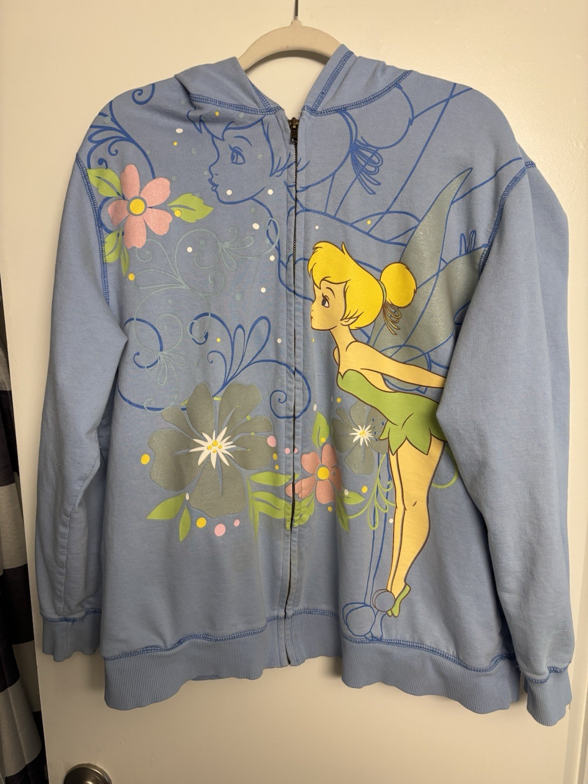 Disney Store Tinker Bell Hoodie Womens 2XL Light Blue Fairy Floral Glitter Zip