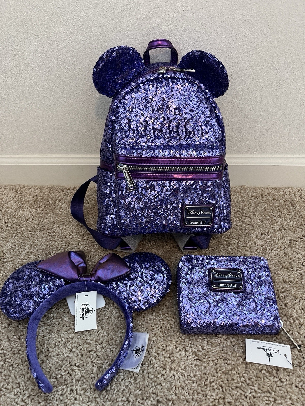 Disney Loungefly MINNIE MOUSE PURPLE Backpack, Ears, Wallet - NWT  RARE