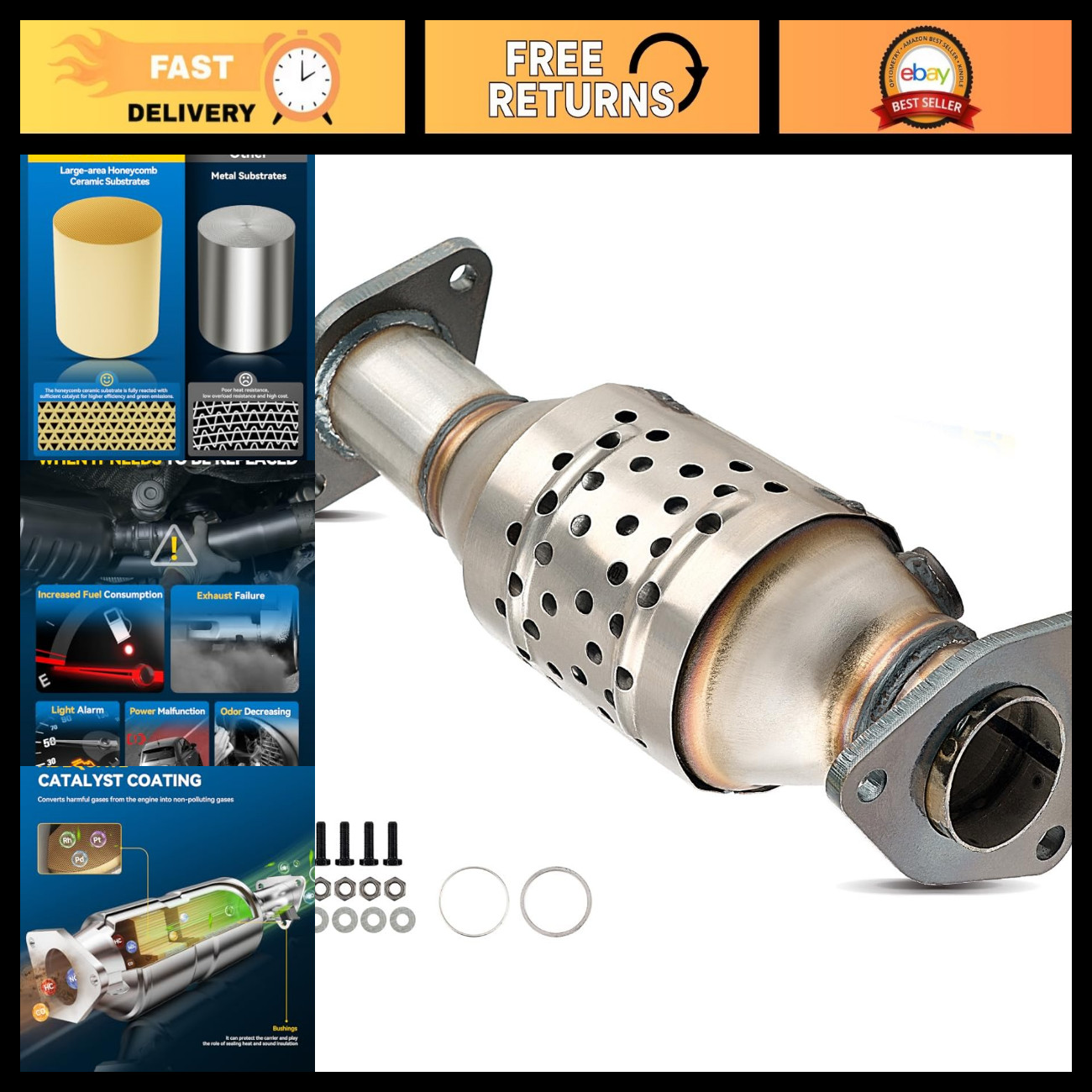 PHILTOP High FLow Stainless Steel Catalytic Converter Kit W/Gasket Fit For Front