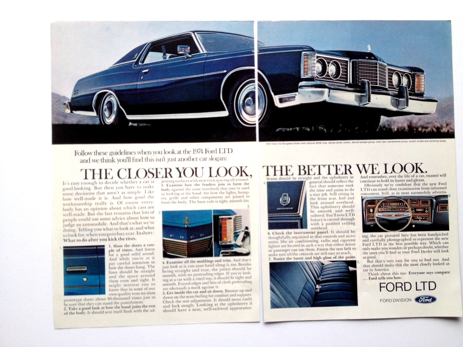 1974 Ford LTD Brougham Two Page Print Ad Closer You Look Better We Look 1974 Ford LTD Brougham Two Page Print Ad Closer You Look Better We Look