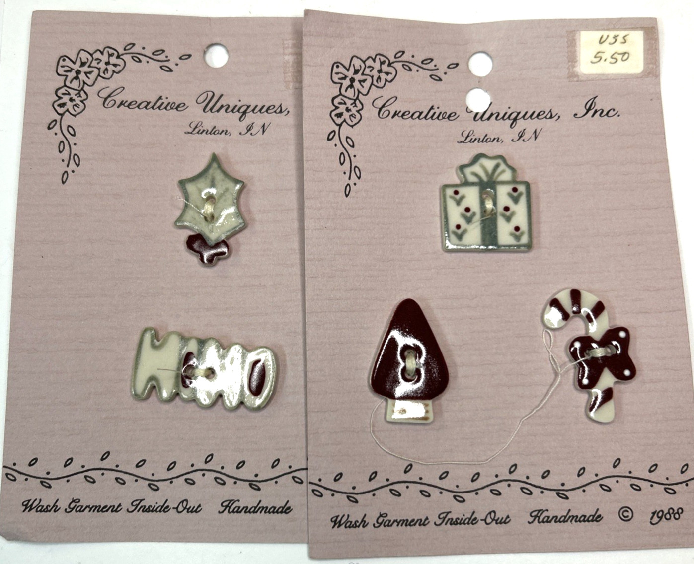 Vintage Creative Uniques Ceramic Folk Art / Christmas Themed Buttons Set of 5
