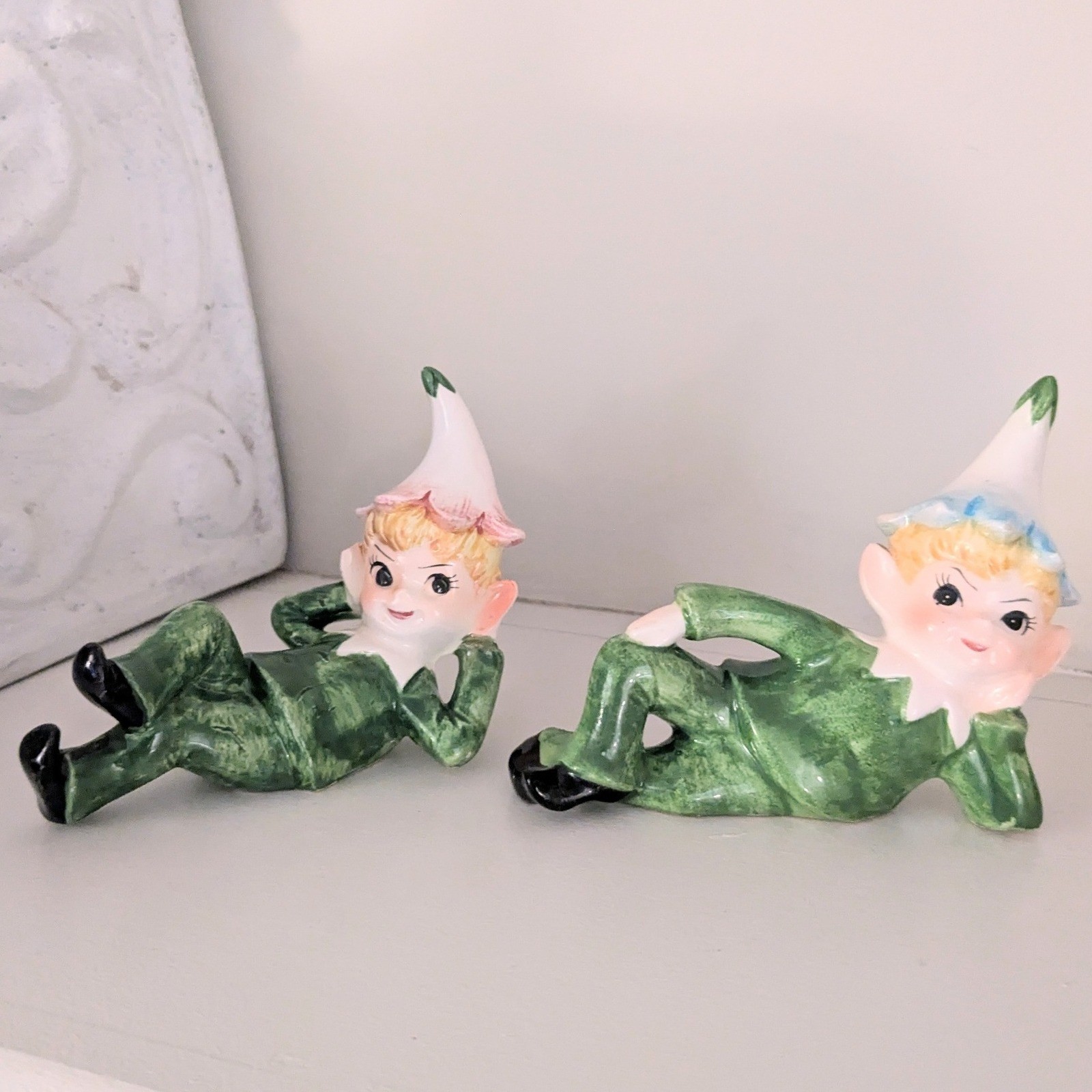 Vintage Set of 2 Norcrest? Japan Flower Pixie Elves Ceramic Figurines Kitsch Vintage Set of 2 Norcrest? Japan Flower Pixie Elves Ceramic Figurines Kitsch