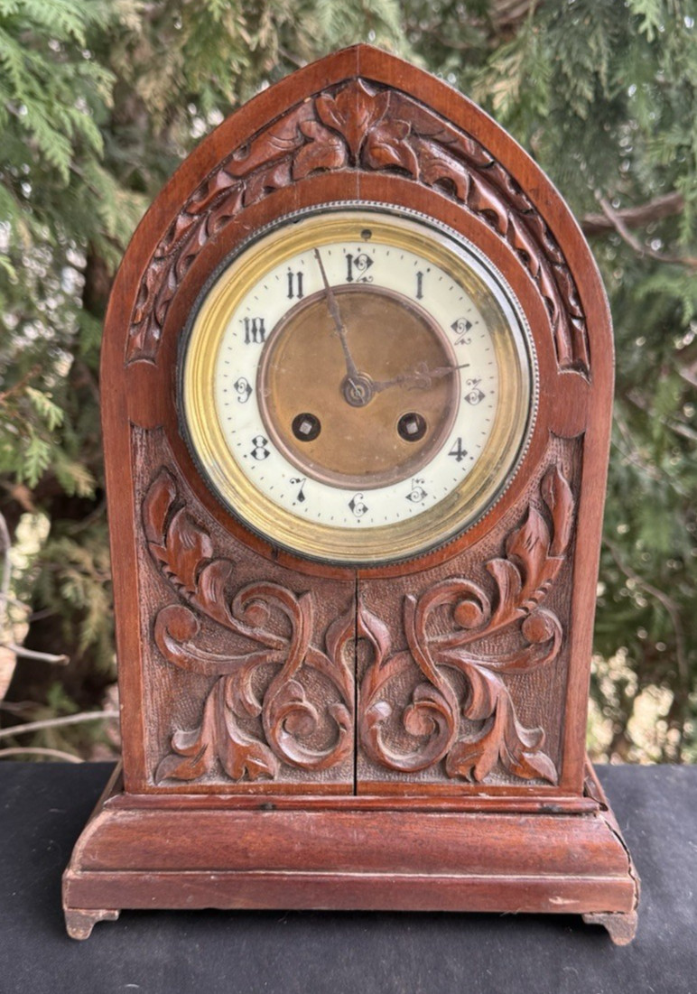 Antique C 1880s French CARVED FRONT Beehive Mantle Clock - SEE VIDEO