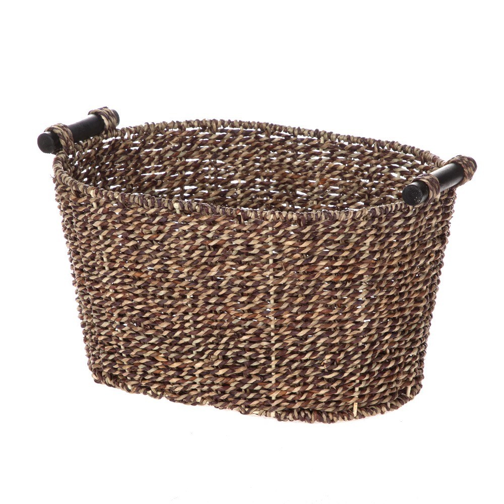 Oval Seagrass Storage Basket with Wooden Handles Brown Woven Organizer Bin Oval Seagrass Storage Basket with Wooden Handles Brown Woven Organizer Bin