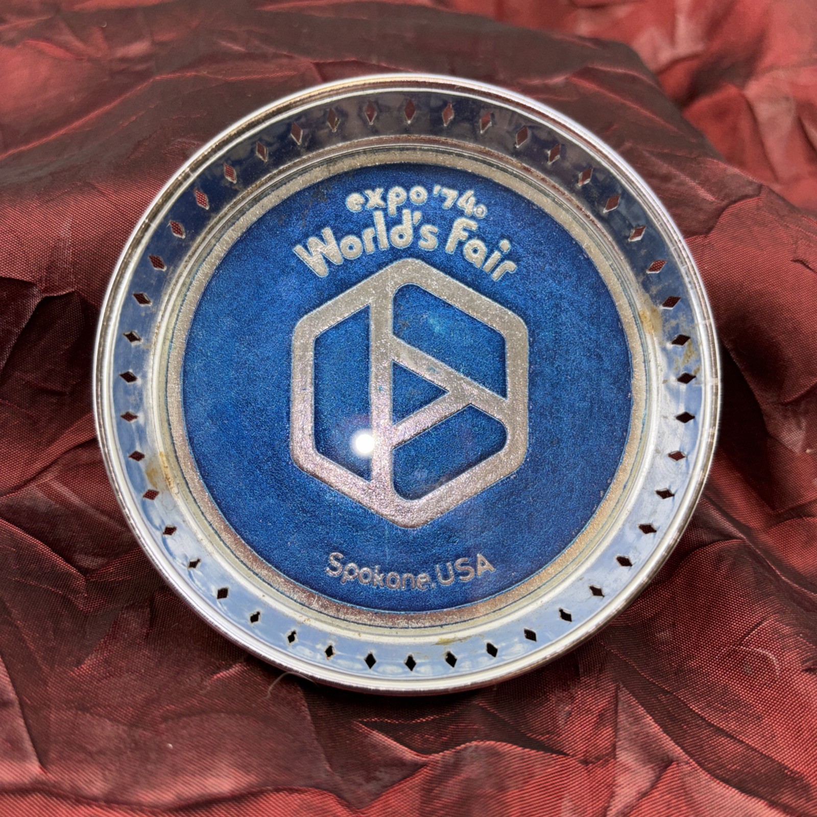 Vintage 1974 World’s Fair Spokane Washington Blue Metal Drink Coaster expo '74