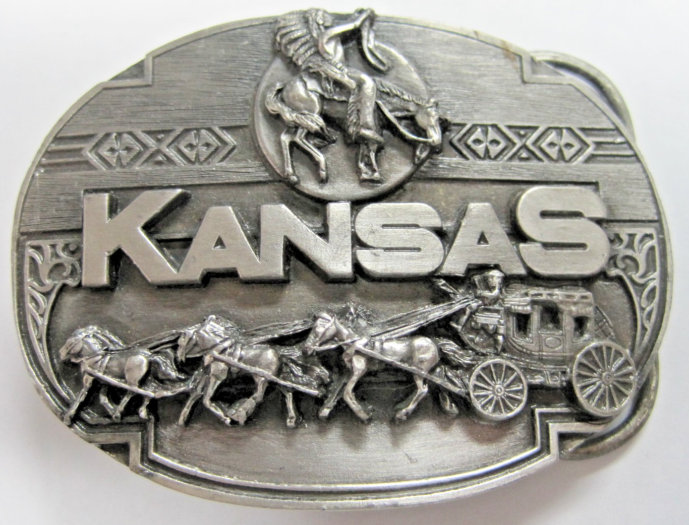 Kansas Commemorative 1990 Buckle Siskiyou Limited, Stagecoach, Native American