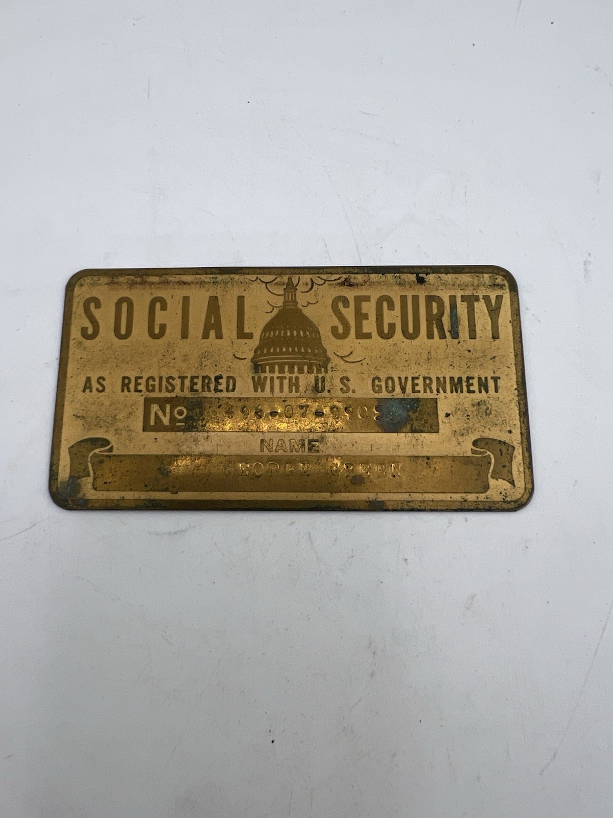 Vintage Brass Social Security Card Expired Name Plate Engraved ID 1930s