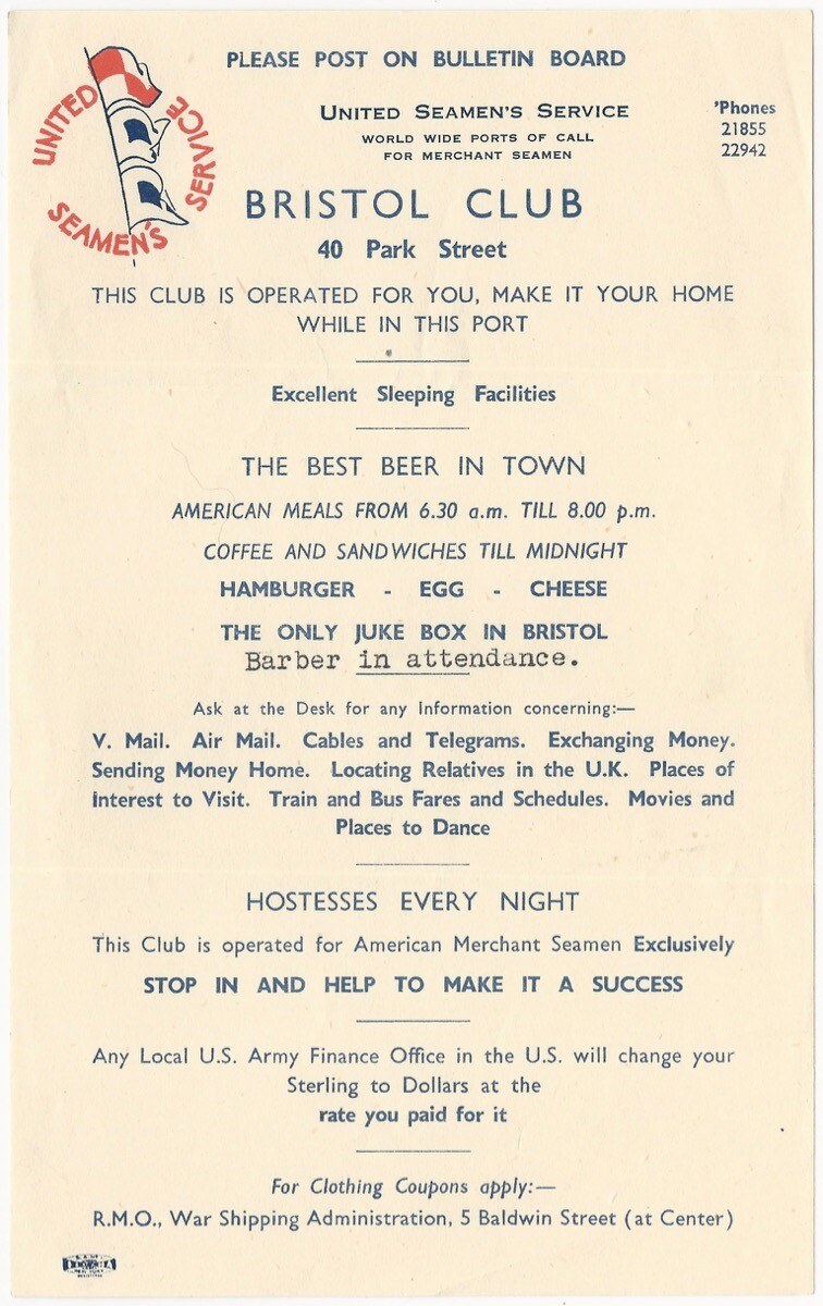 1946 American Merchant Sailors @ English Bristol Club Bar Pub British Handbill