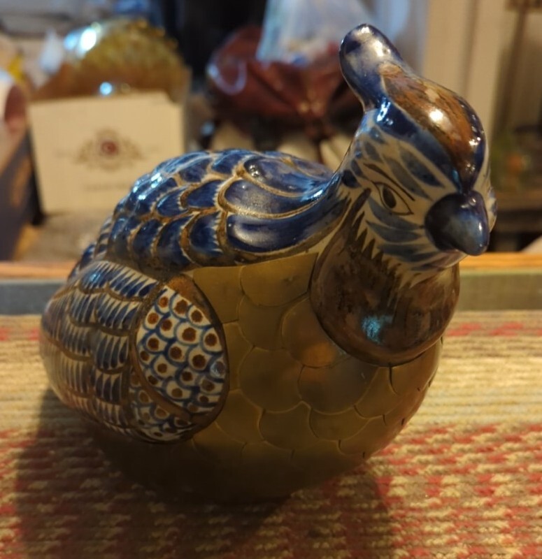 Stunning Hand Painted Stoneware Ceramic Brass Feathered Quail ART