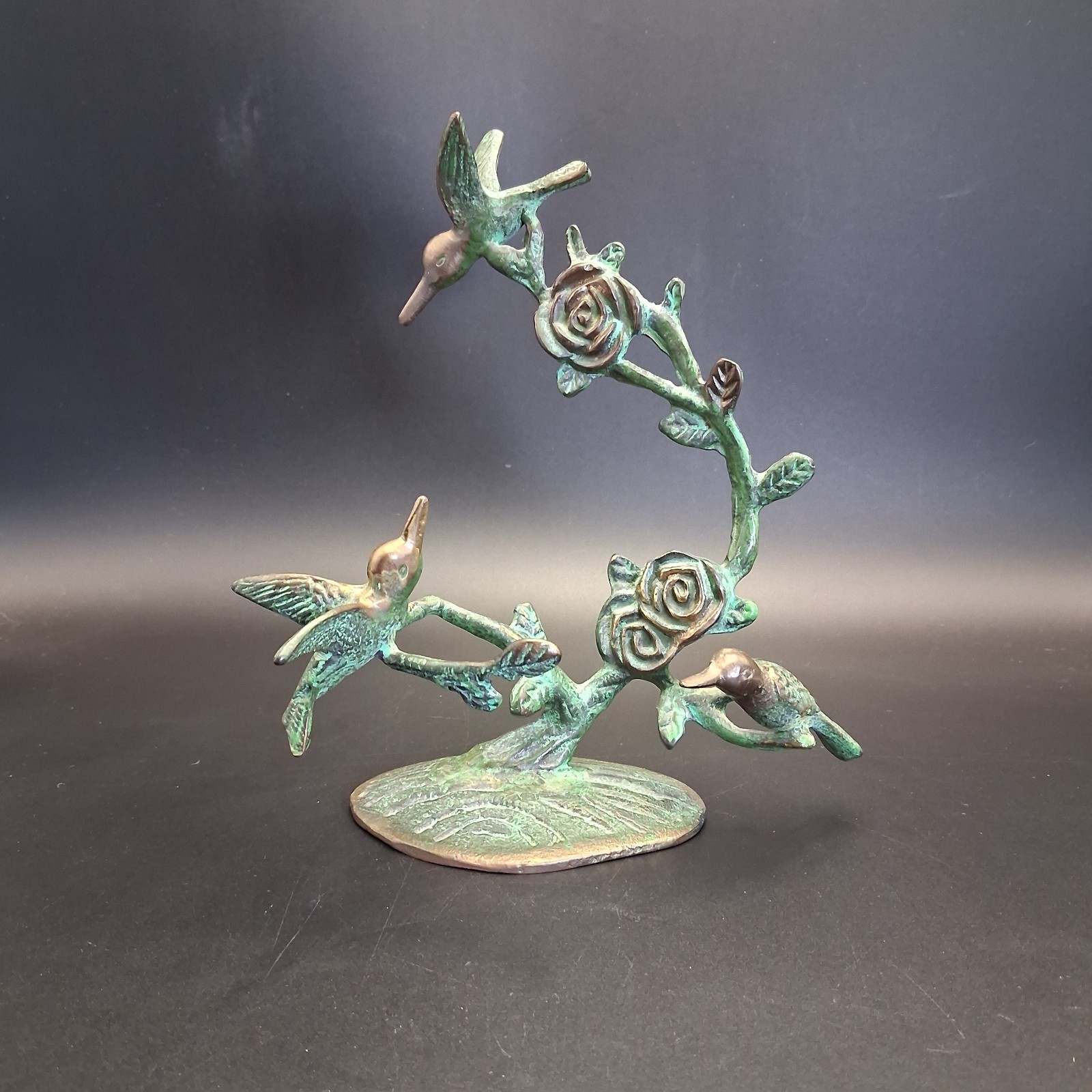 ​Vintage Verdigris Brass Hummingbird Rose Sculpture Figure 1990s Nature Nouveau