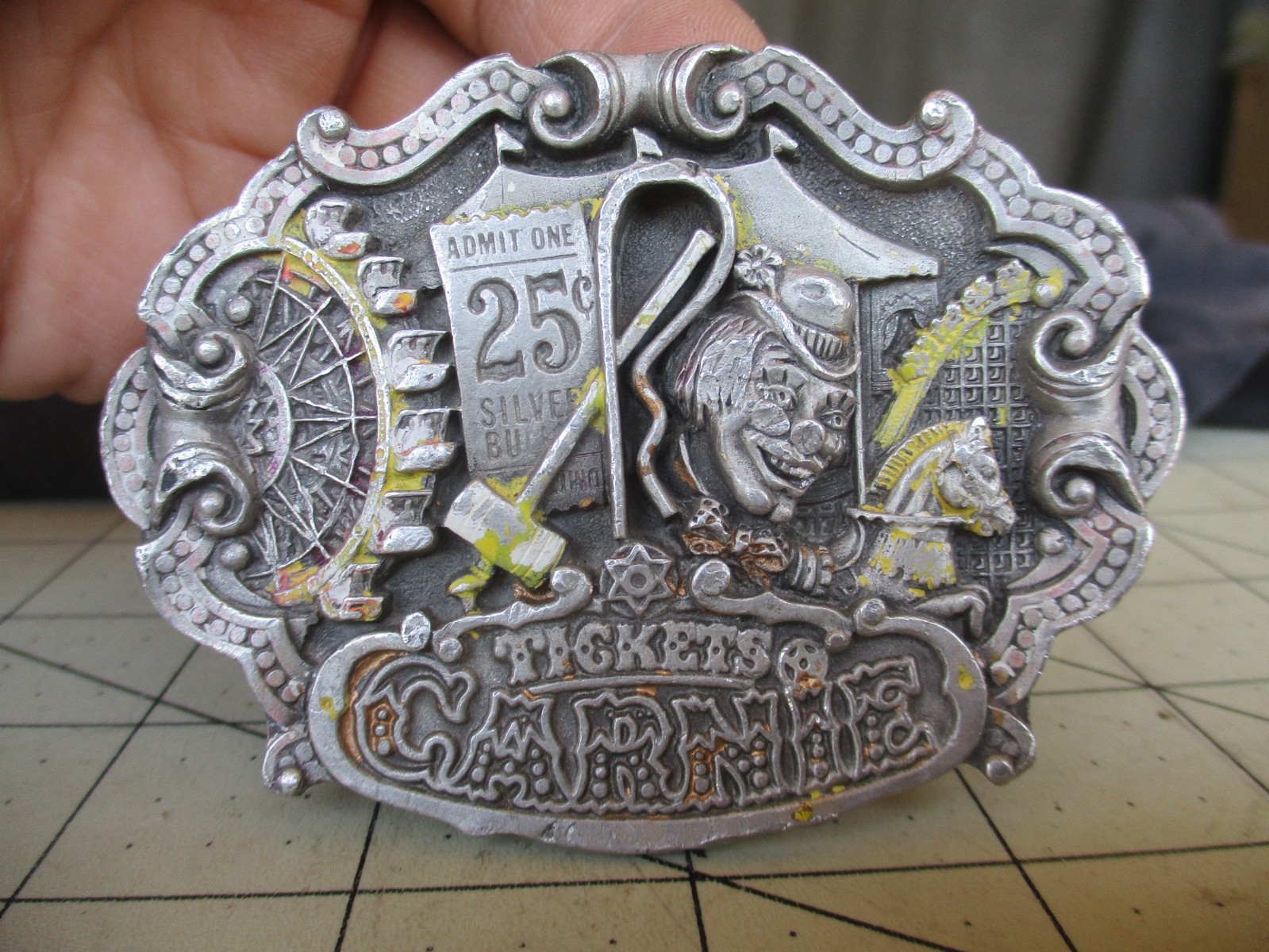 Vtg USA made CARNIE Belt Buckle Carnival Scene, Clowns, Tickets, Numbered Circus Vtg USA made CARNIE Belt Buckle Carnival Scene, Clowns, Tickets, Numbered Circus