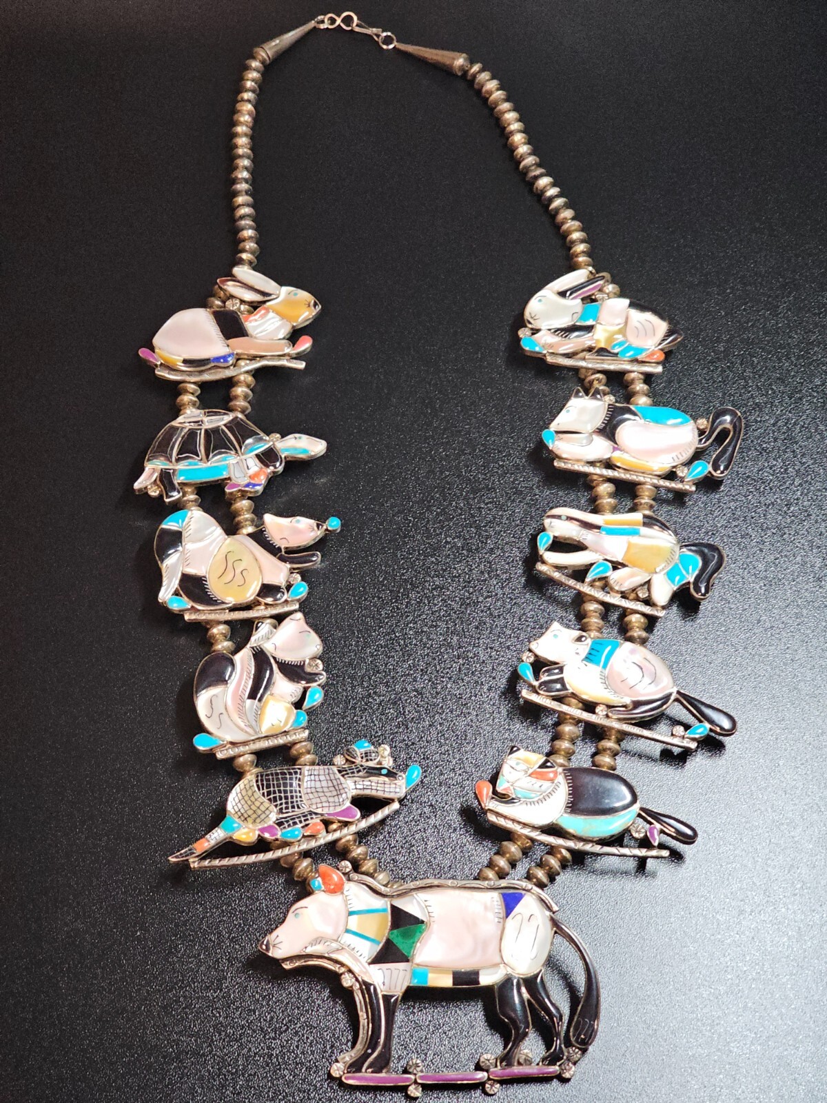 Rare 1970s BEAR TOES Workshop Sterling Silver Zuni Menagerie Necklace