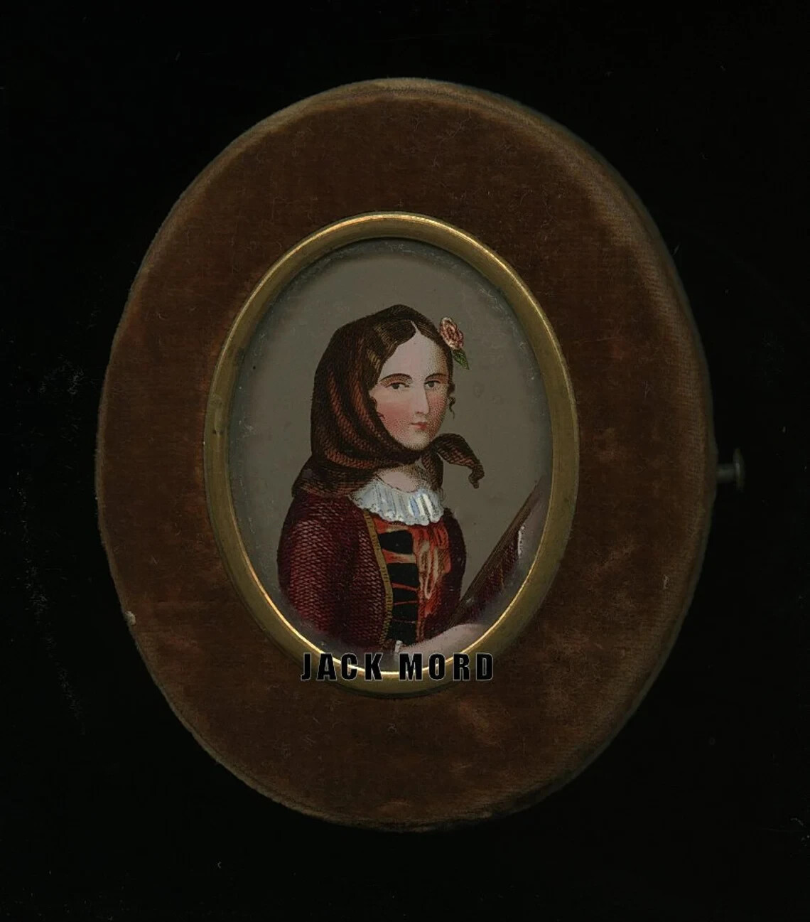 Very Rare 1/9 Photo Case Painting of Woman Behind Glass, Oval Velvet Push Button Very Rare 1/9 Photo Case Painting of Woman Behind Glass, Oval Velvet Push Button