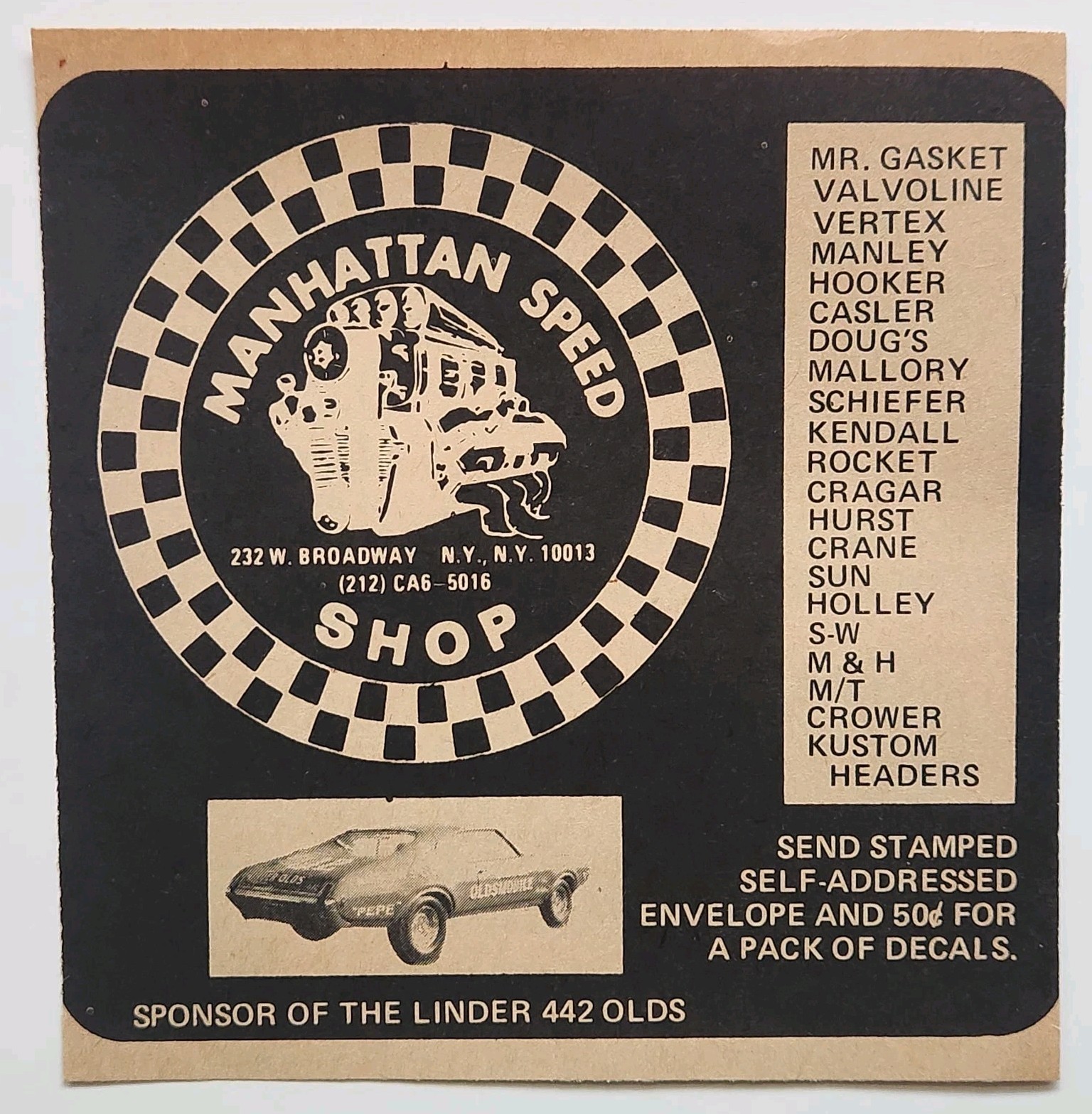 1969 Manhattan Speed Shop Oldsmobile Olds 442 Racing Original Print Ad NY 1960s